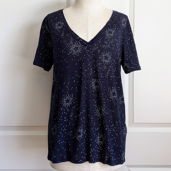 Rails Tee Linen Blend Star Print V-Neck Short Sleeve Semi Sheer Navy White M NWT - Picture 1 of 11